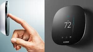 An image of a finger operating an ecobee smart thermostat.
