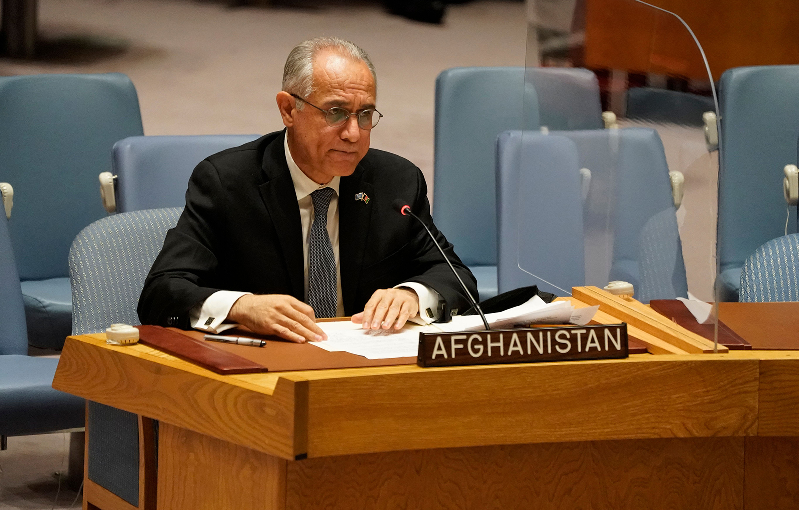Permanent Representative of Afghanistan to the United Nations, Ghulam M. Isaczai speaks during a UN security council meeting on Afghanistan on August 16 at the United Nations in New York.