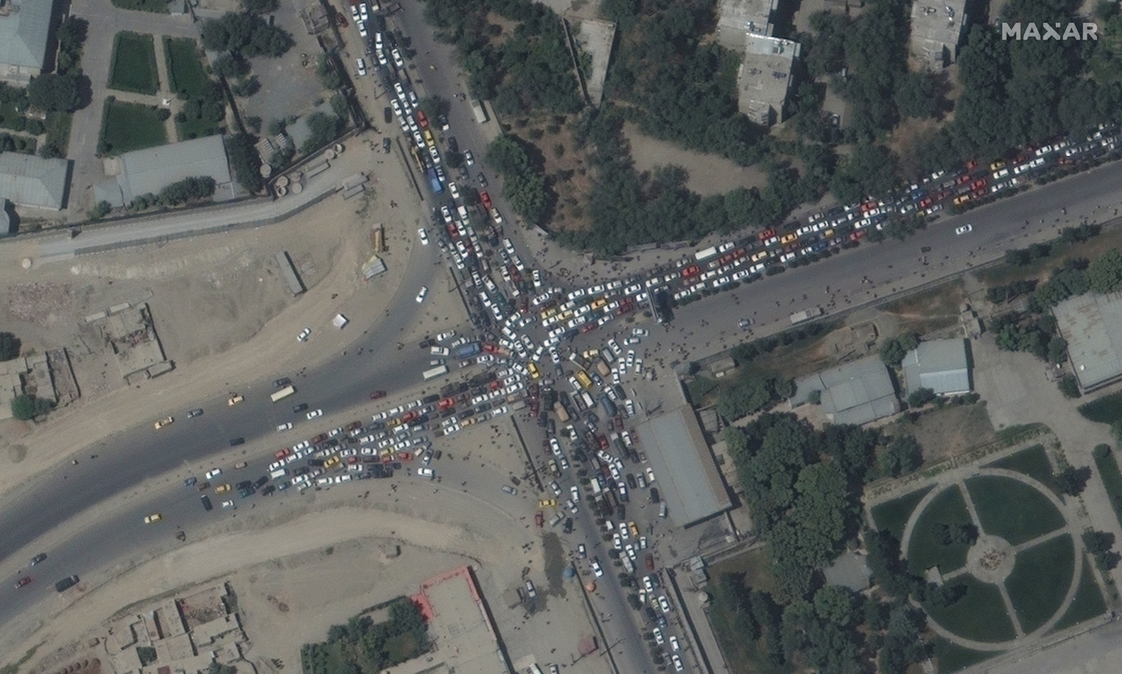 A traffic jam is seen near the airport. 