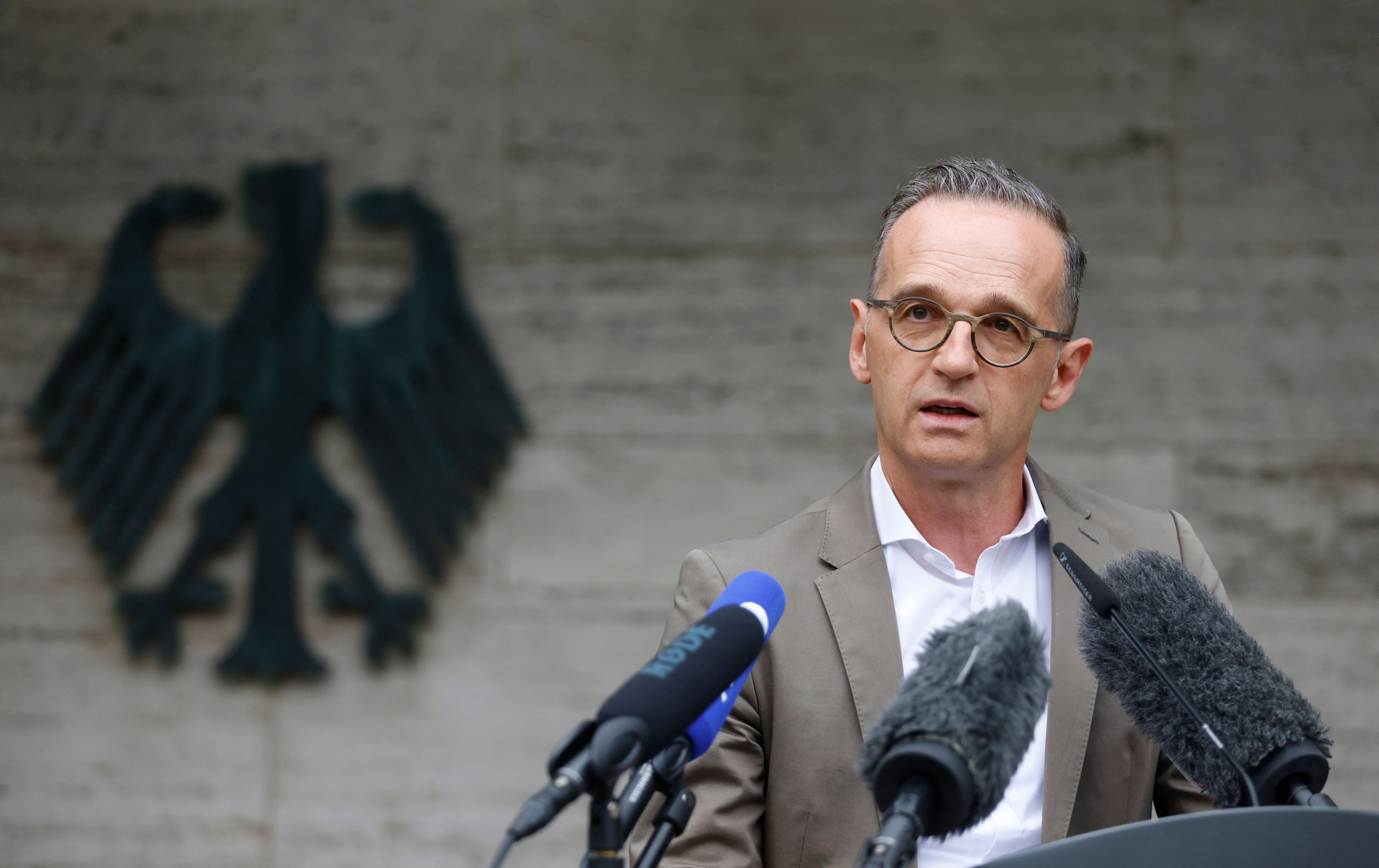 German Foreign Minister Heiko Maas gives a press statement at the Foreign Ministry in Berlin on August 16.