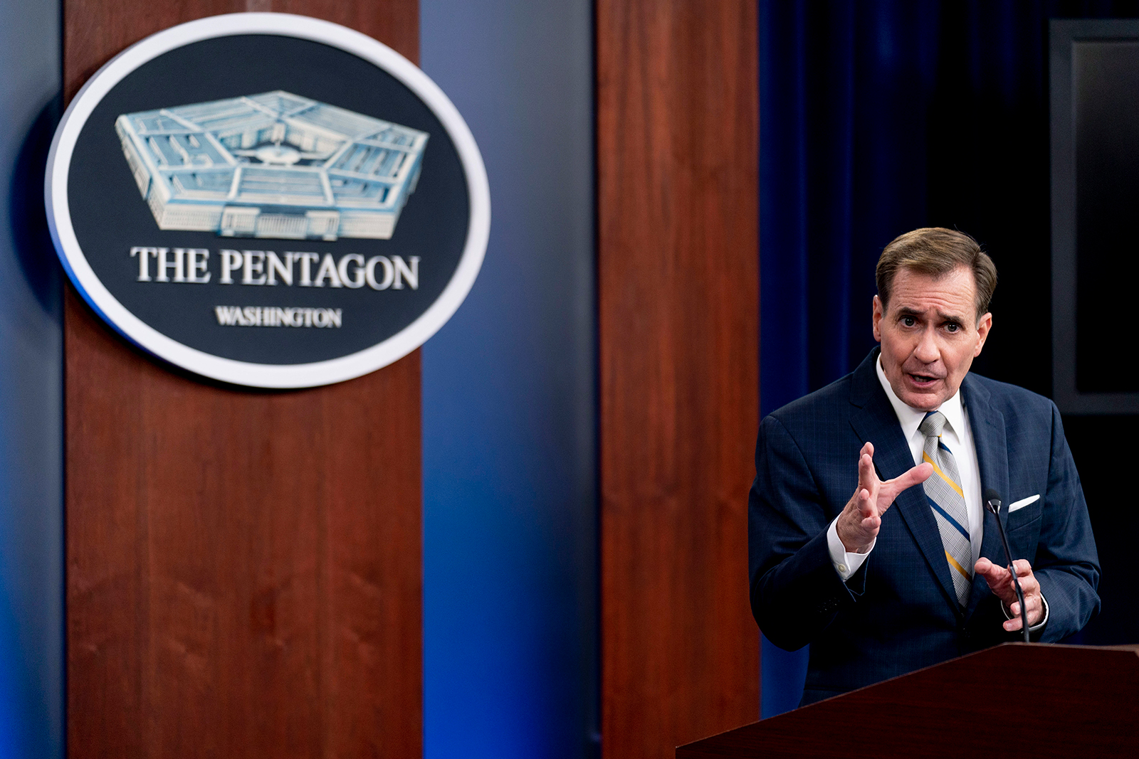 Pentagon spokesman John Kirby speaks during a briefing at the Pentagon in Washington on Thursday.