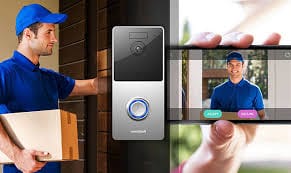A doorbell video camera showing a delivery man